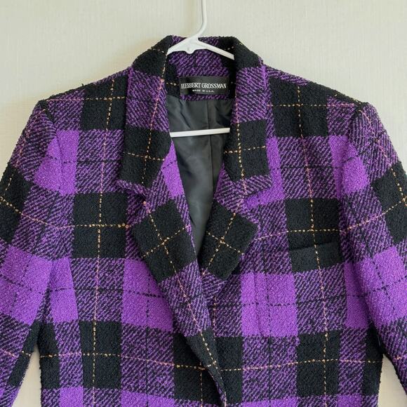 HERBERT GROSSMAN Vintage USA Nubby Jacket Women's Size 10 Purple Black Plaid - Picture 3 of 14